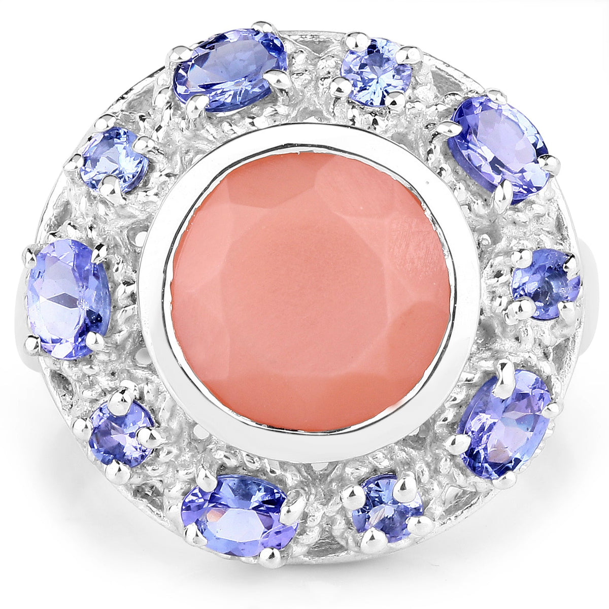 Sterling Silver Peach Moonstone and Tanzanite Cocktail Ring