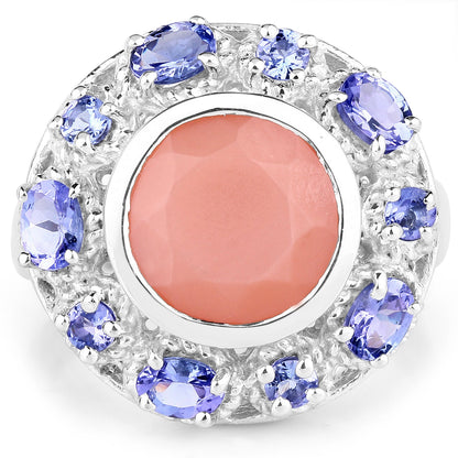 Sterling Silver Peach Moonstone and Tanzanite Cocktail Ring