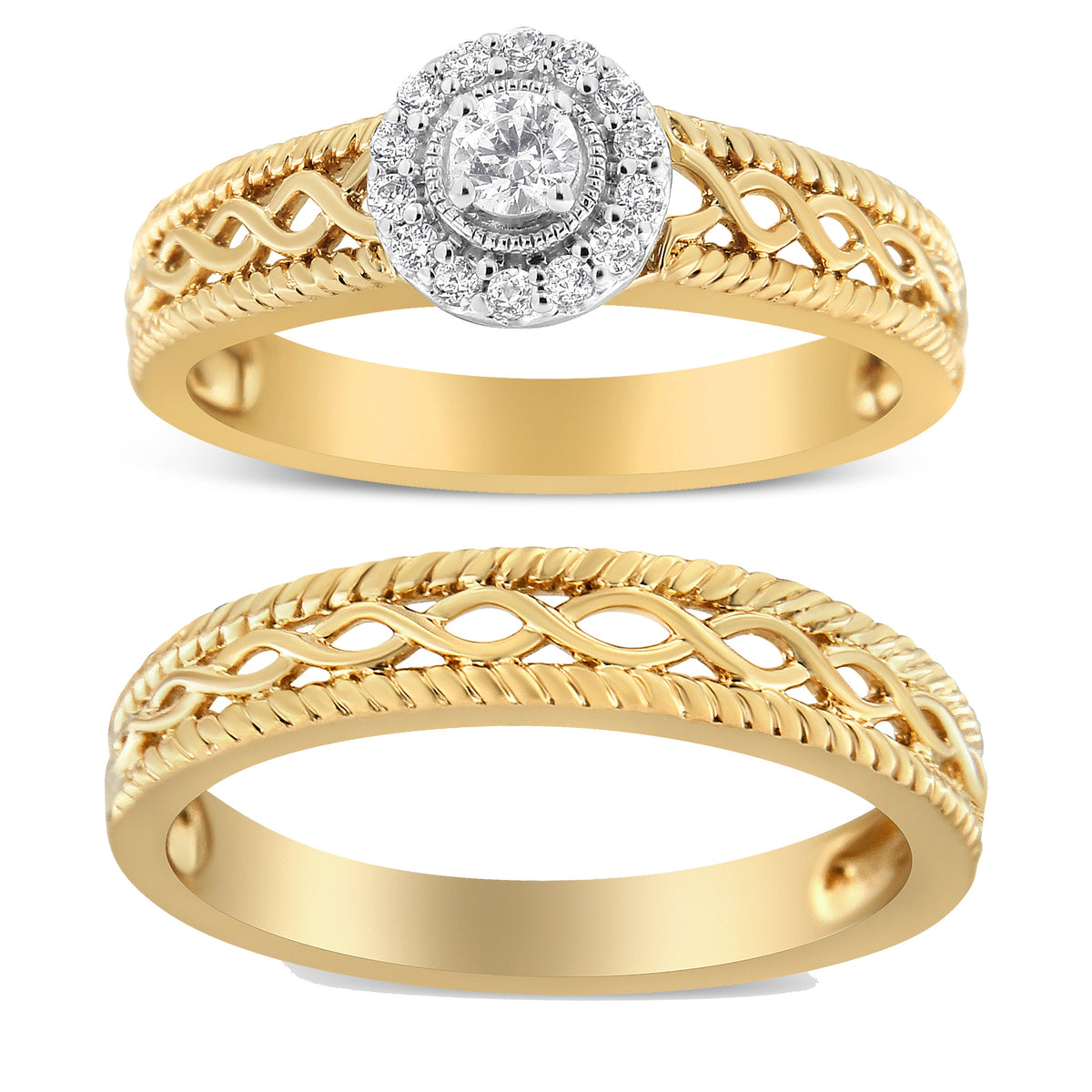 UndeniablyLuxe Fine Jewelry Diamond Halo Engagement Ring and Wedding Band Set