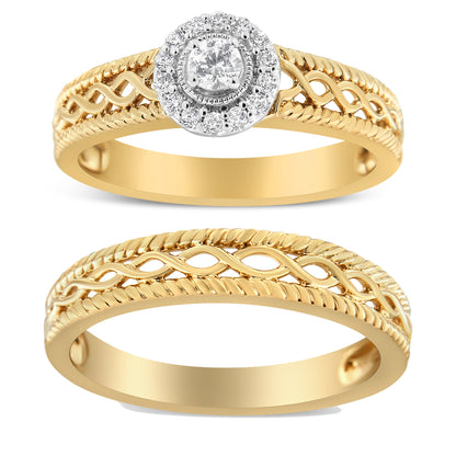 UndeniablyLuxe Fine Jewelry Diamond Halo Engagement Ring and Wedding Band Set