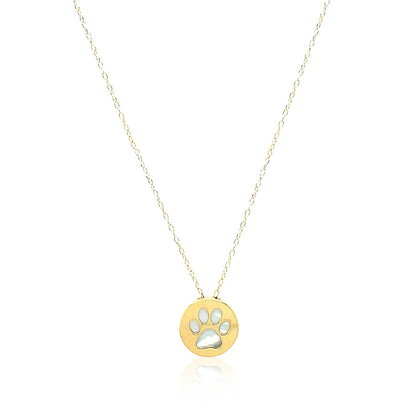 14K Yellow Gold Mother of Pearl Dog Paw Print Necklace