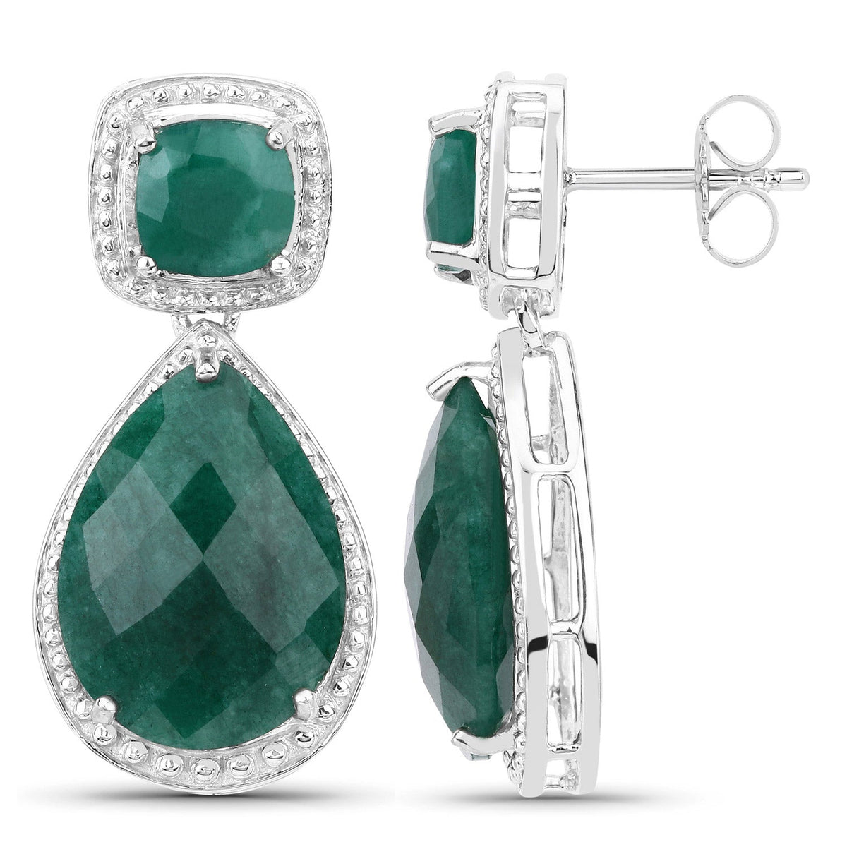 Sterling Silver Dyed Emerald Pear and Cushion Drop Earrings