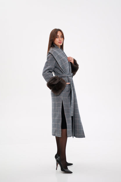 Polar Fox Fur Virgin Wool Wrap Coat