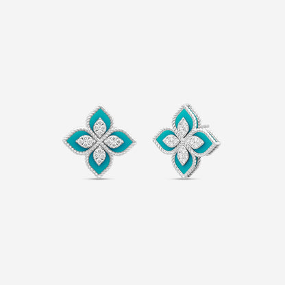 Roberto Coin Venetian Princess 18K White Gold Diamond and Turquoise Stud Earrings 8882784AWERXT