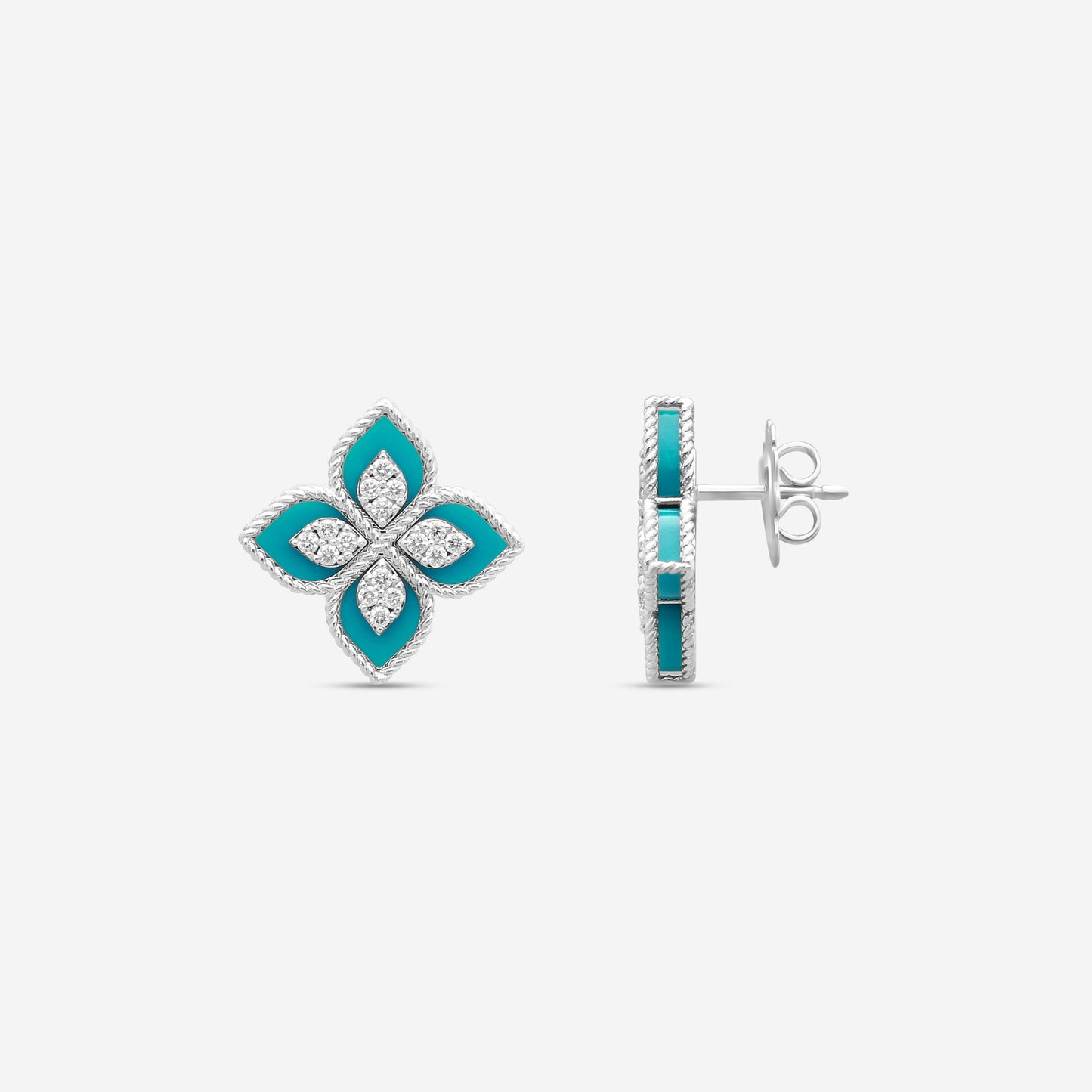 Roberto Coin Venetian Princess 18K White Gold Diamond and Turquoise Stud Earrings 8882784AWERXT