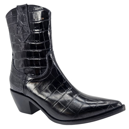 Black Leather Croc Embossed Pointy Ankle Boot