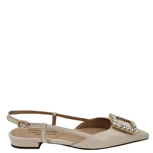 Madison Maison Cream Leather Crystal Buckle Slingback Flats