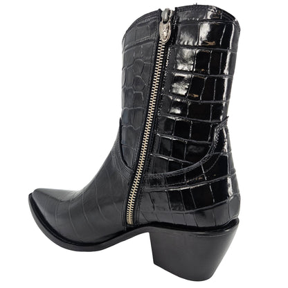 Black Leather Croc Embossed Pointy Ankle Boot