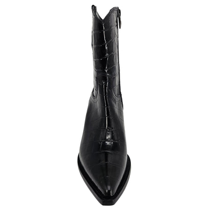 Black Leather Croc Embossed Pointy Ankle Boot