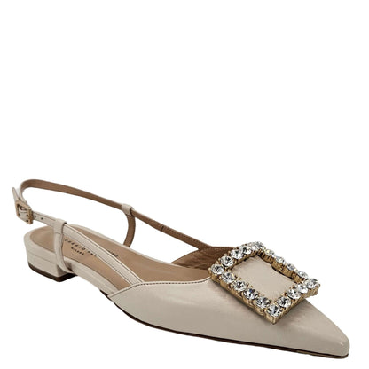Madison Maison Cream Leather Crystal Buckle Slingback Flats