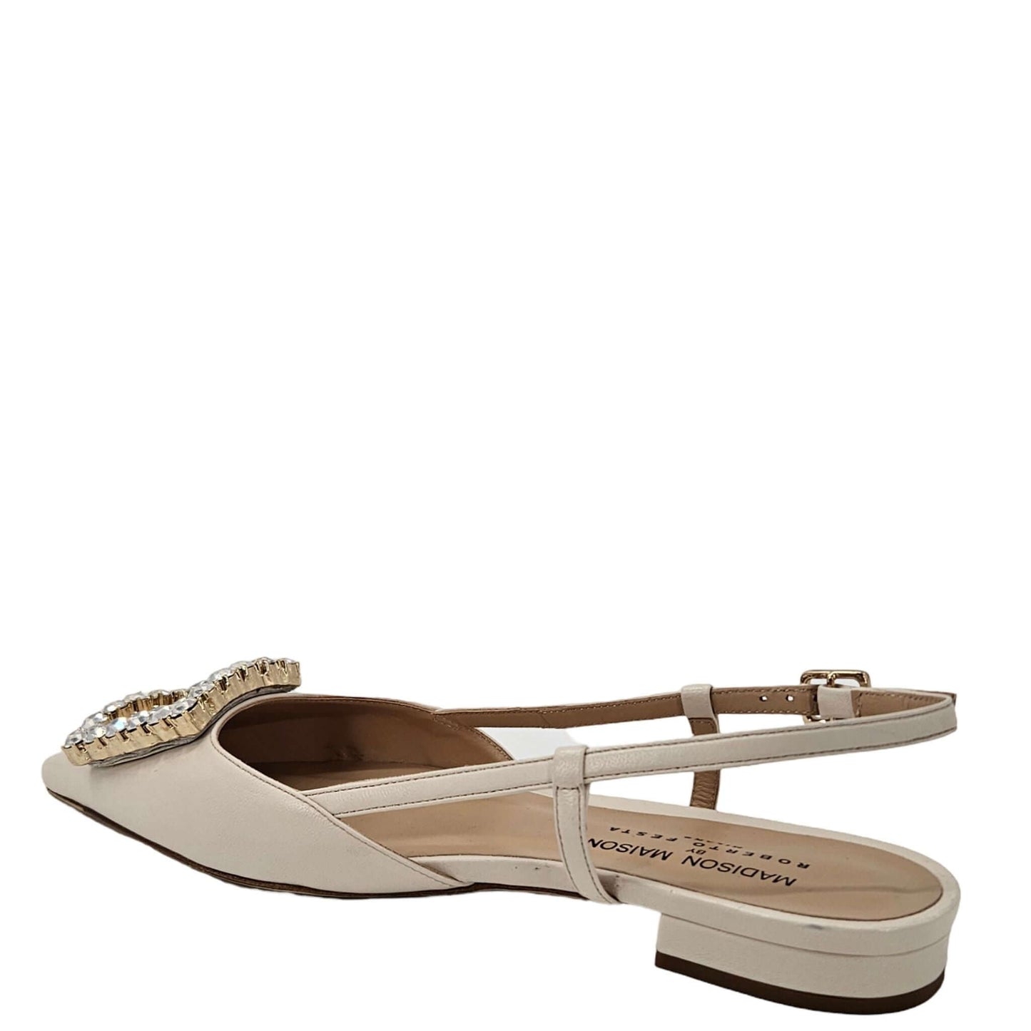 Madison Maison Cream Leather Crystal Buckle Slingback Flats