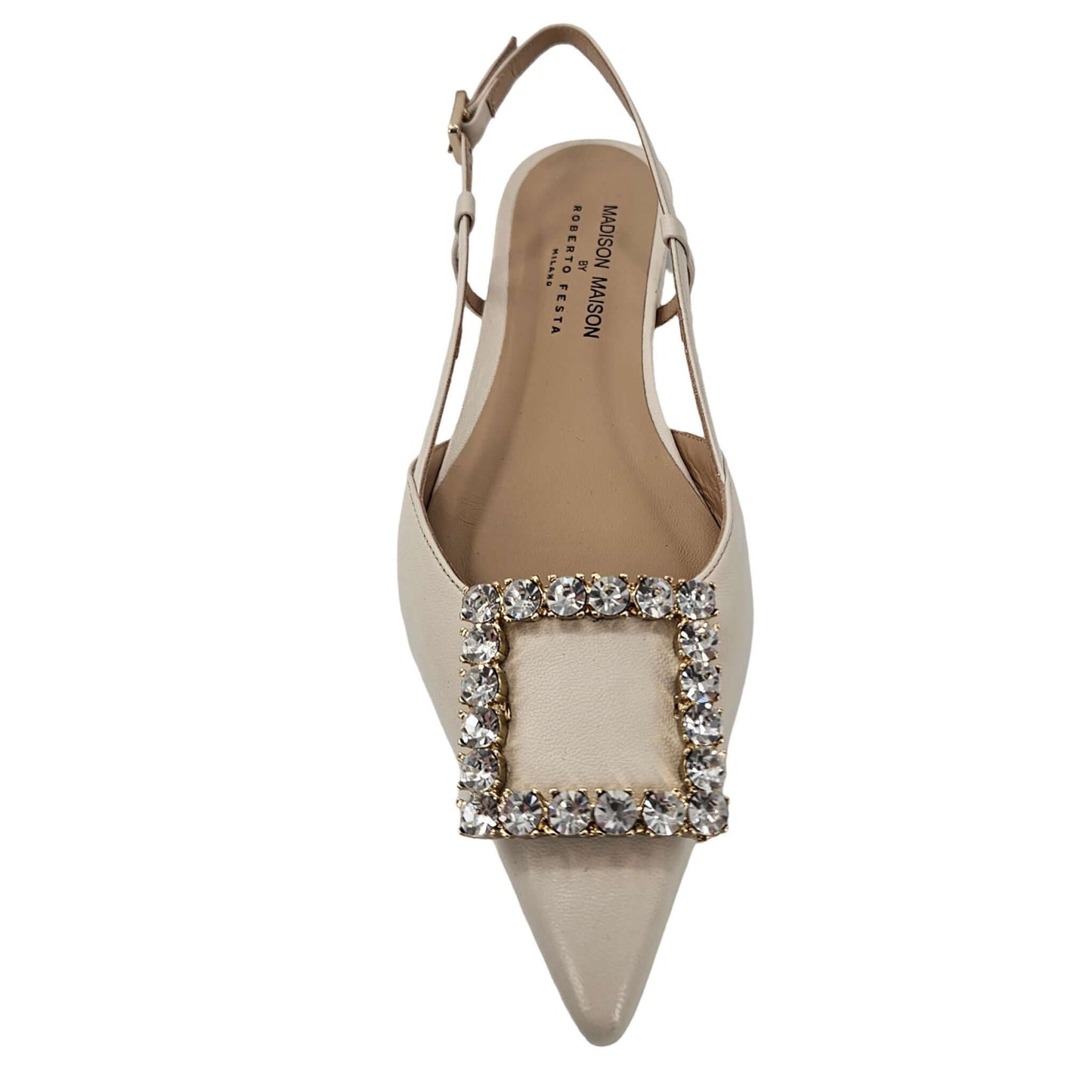 Madison Maison Cream Leather Crystal Buckle Slingback Flats