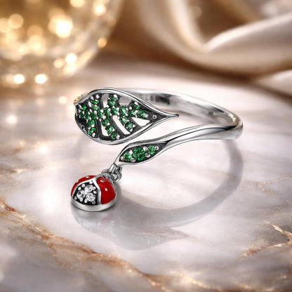 Sterling Silver Beetle and Leaf Design Ring