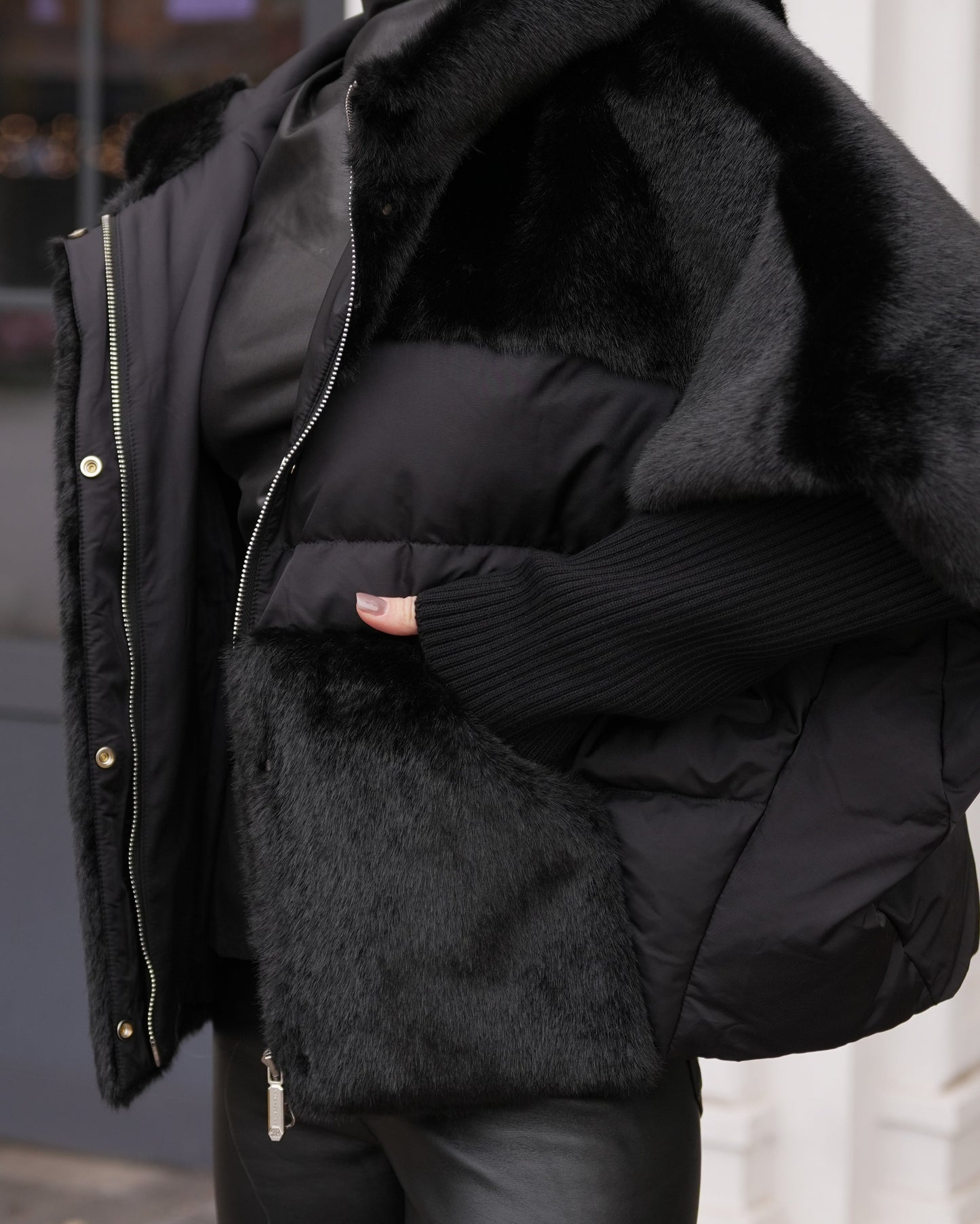 Serena Eco-Fur Down Fill Coat in Black