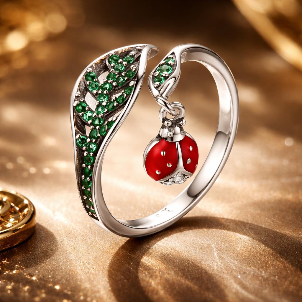 Sterling Silver Beetle and Leaf Design Ring