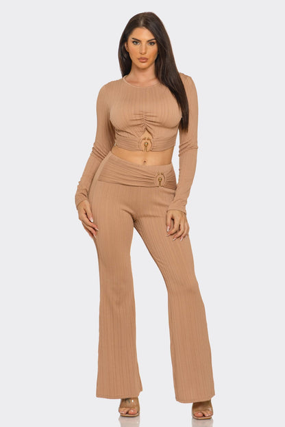 Ribbed Two-Piece Set – Metal Ring Cutout Crop Top & Flare Pants