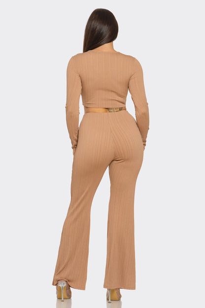 Ribbed Two-Piece Set – Metal Ring Cutout Crop Top & Flare Pants