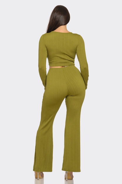 Ribbed Two-Piece Set – Metal Ring Cutout Crop Top & Flare Pants