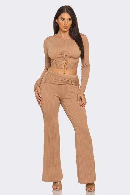 Ribbed Two-Piece Set – Metal Ring Cutout Crop Top & Flare Pants