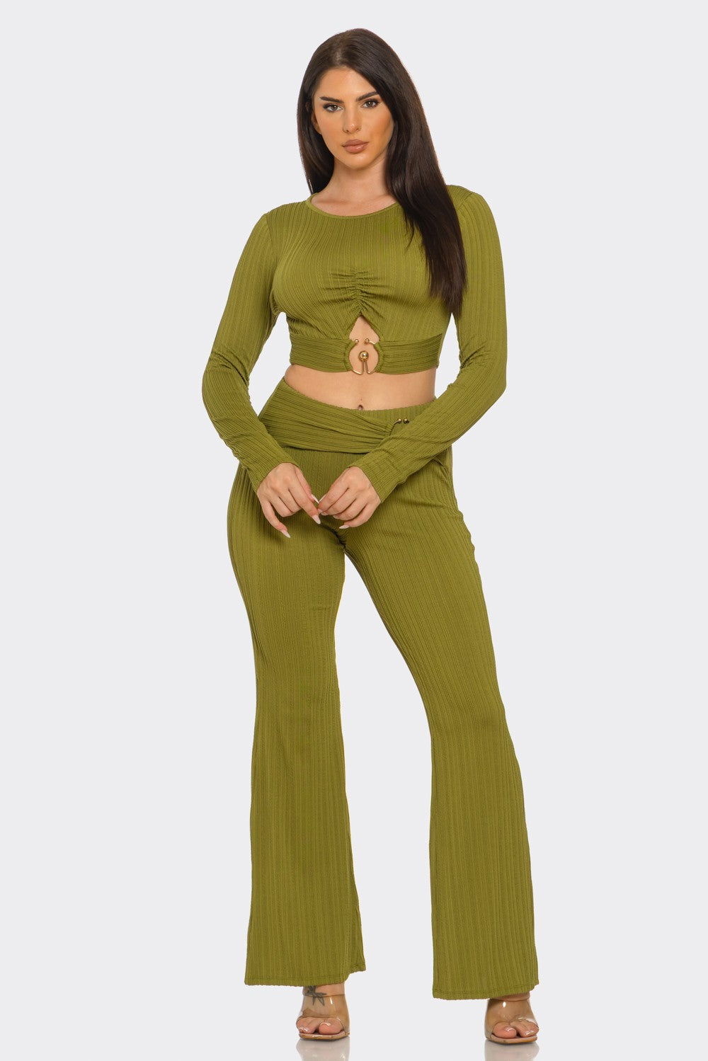 Ribbed Two-Piece Set – Metal Ring Cutout Crop Top & Flare Pants