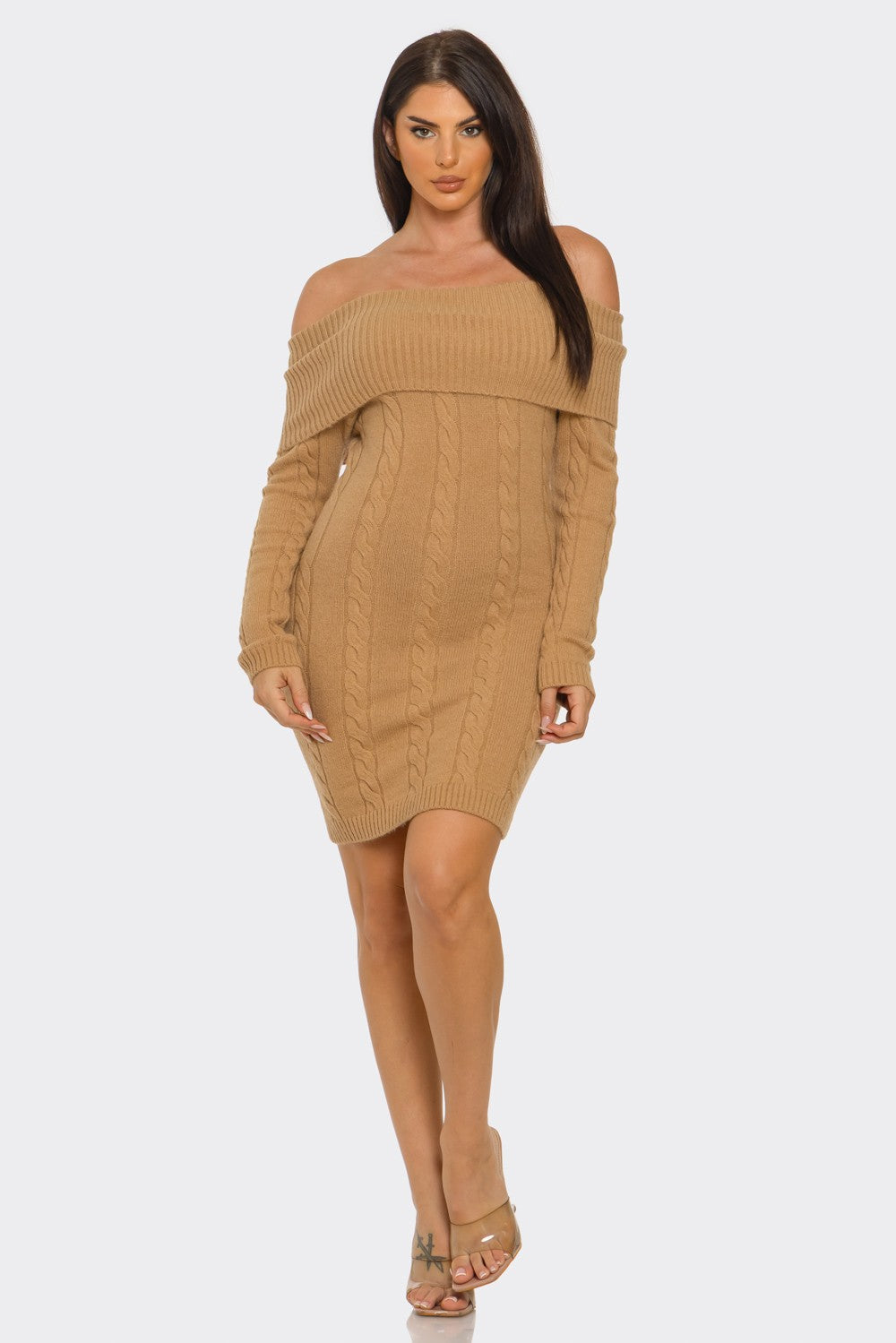Off Shoulder Styling Fold Over Trim Sweater Dress