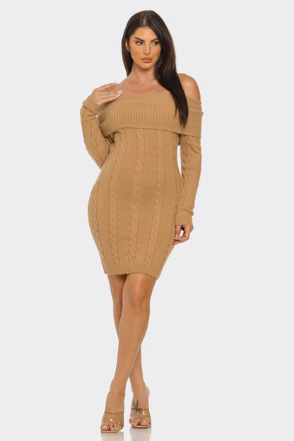 Off Shoulder Styling Fold Over Trim Sweater Dress