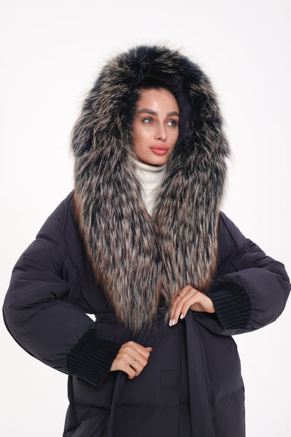 Rei Fur Trim Hooded Down Coat Navy