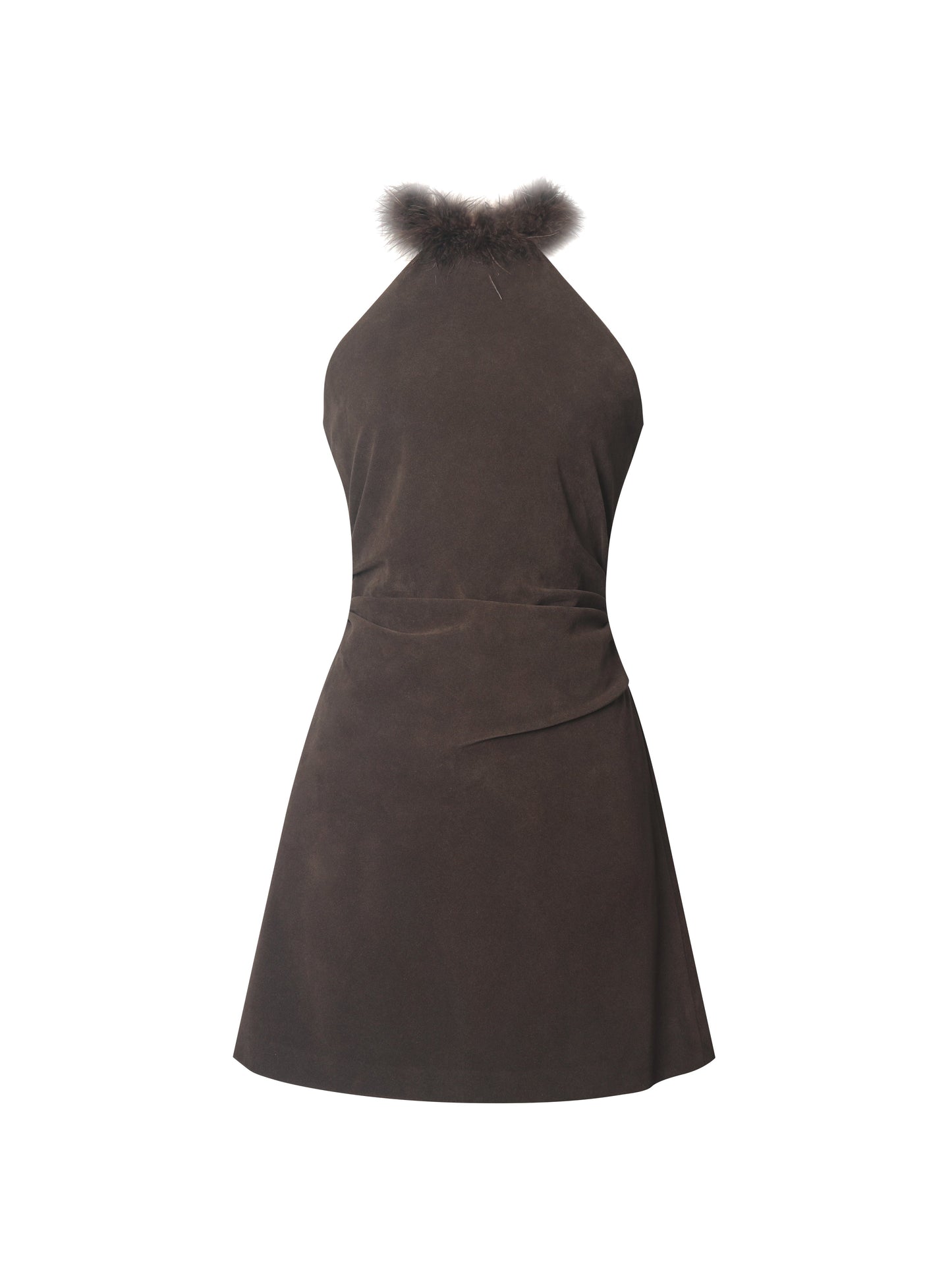 Yael Espresso Vegan Suede Faux Fur Halter Mini Dress