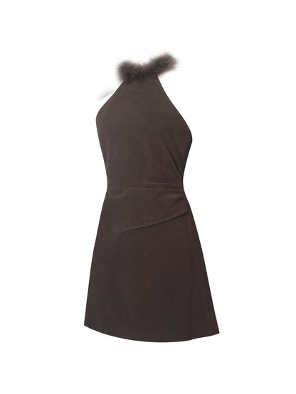 Yael Espresso Vegan Suede Faux Fur Halter Mini Dress