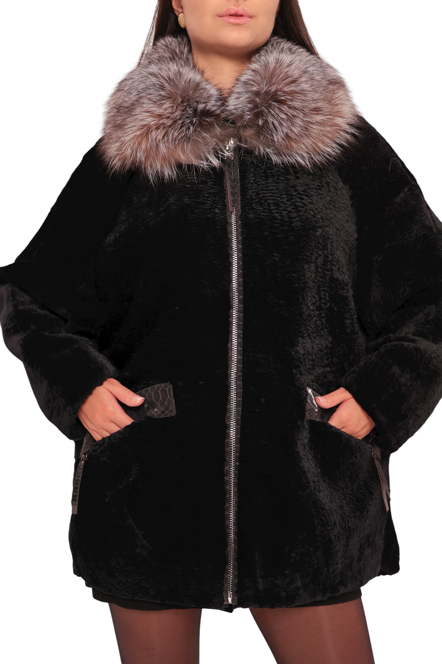 Palermo Astrakhan Silver Fox Trim Coat