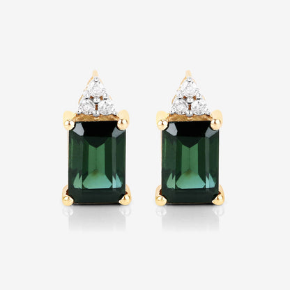 14K Yellow Gold Green Tourmaline and White Diamond Earrings