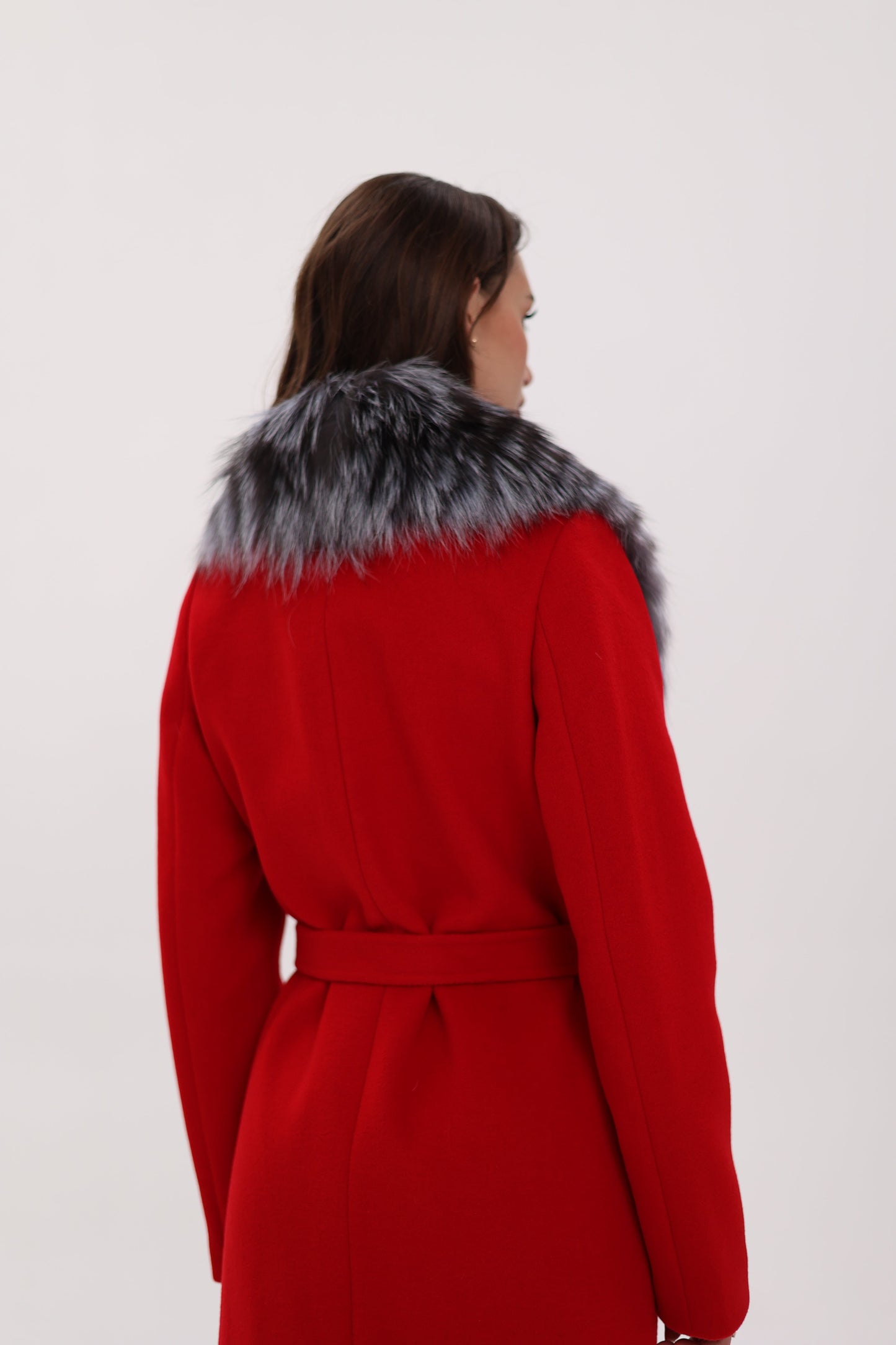 Silver Fox Virgin Wool Wrap Coat in Red