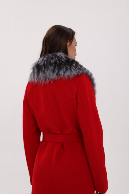 Silver Fox Virgin Wool Wrap Coat in Red