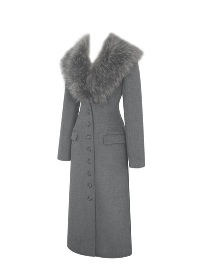Faye Grey Wool Blend Single-Breasted Coat with Removable Faux Fur Collar