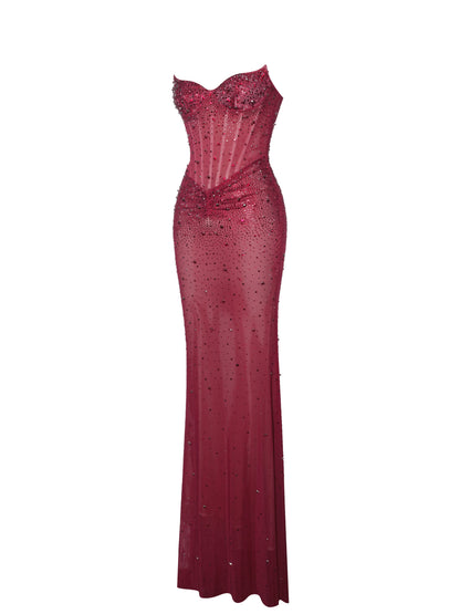 Fatima Burgundy Crystal Sleeveless Corset Mermaid Maxi Dress