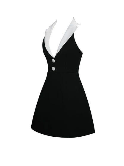 Ignacia Office Casual Black and White Halter Mini A-line Dress