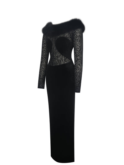 Alexis Black Velvet Animal Print Fur Boatneck Maxi Dress