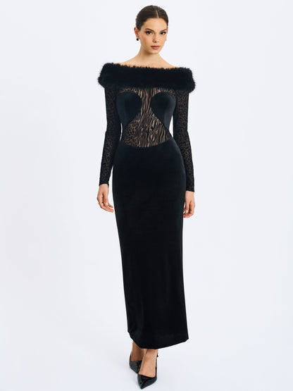Alexis Black Velvet Animal Print Fur Boatneck Maxi Dress
