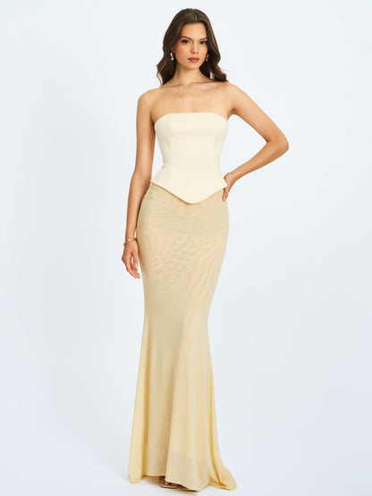 Adelina Butter Yellow Peplum Mermaid Gown with Lace-up Back