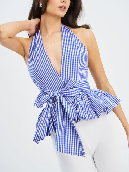 Ilene Blue and White Checkered Bubble Hem Halter Top