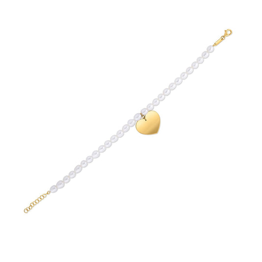 Yellow Gold Pearl Heart Charm Bracelet