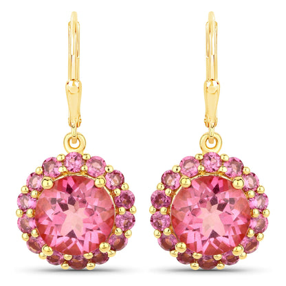 Pink Topaz and Rhodolite Garnet Halo Earrings