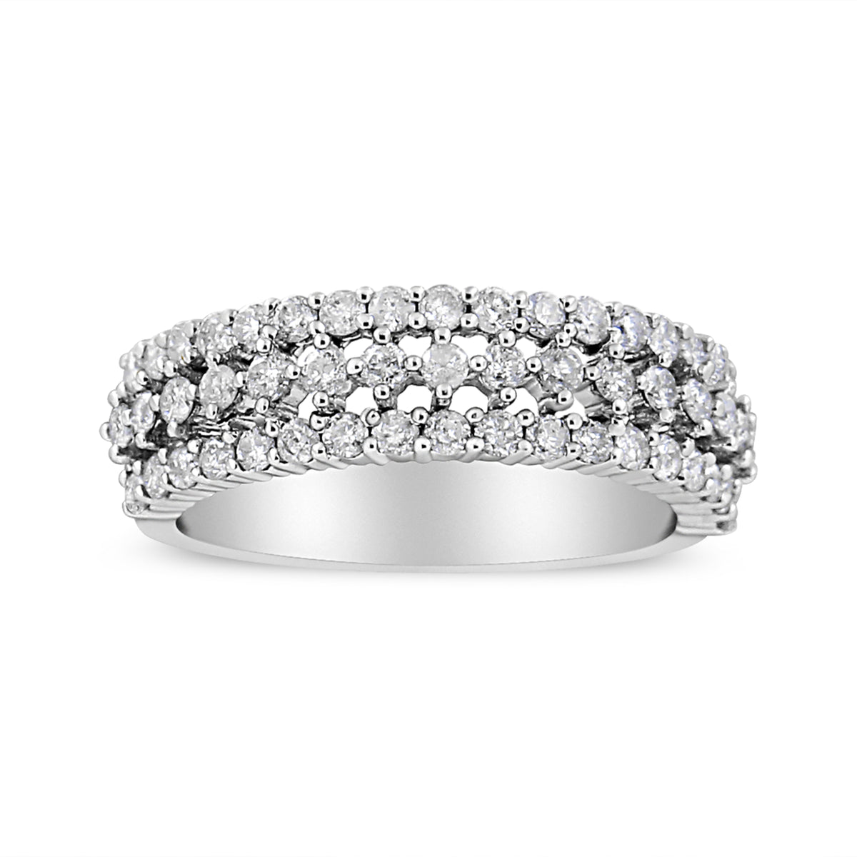 14K White Gold Round Diamond Split Shank Three Row Band Ring