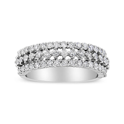 14K White Gold Round Diamond Split Shank Three Row Band Ring
