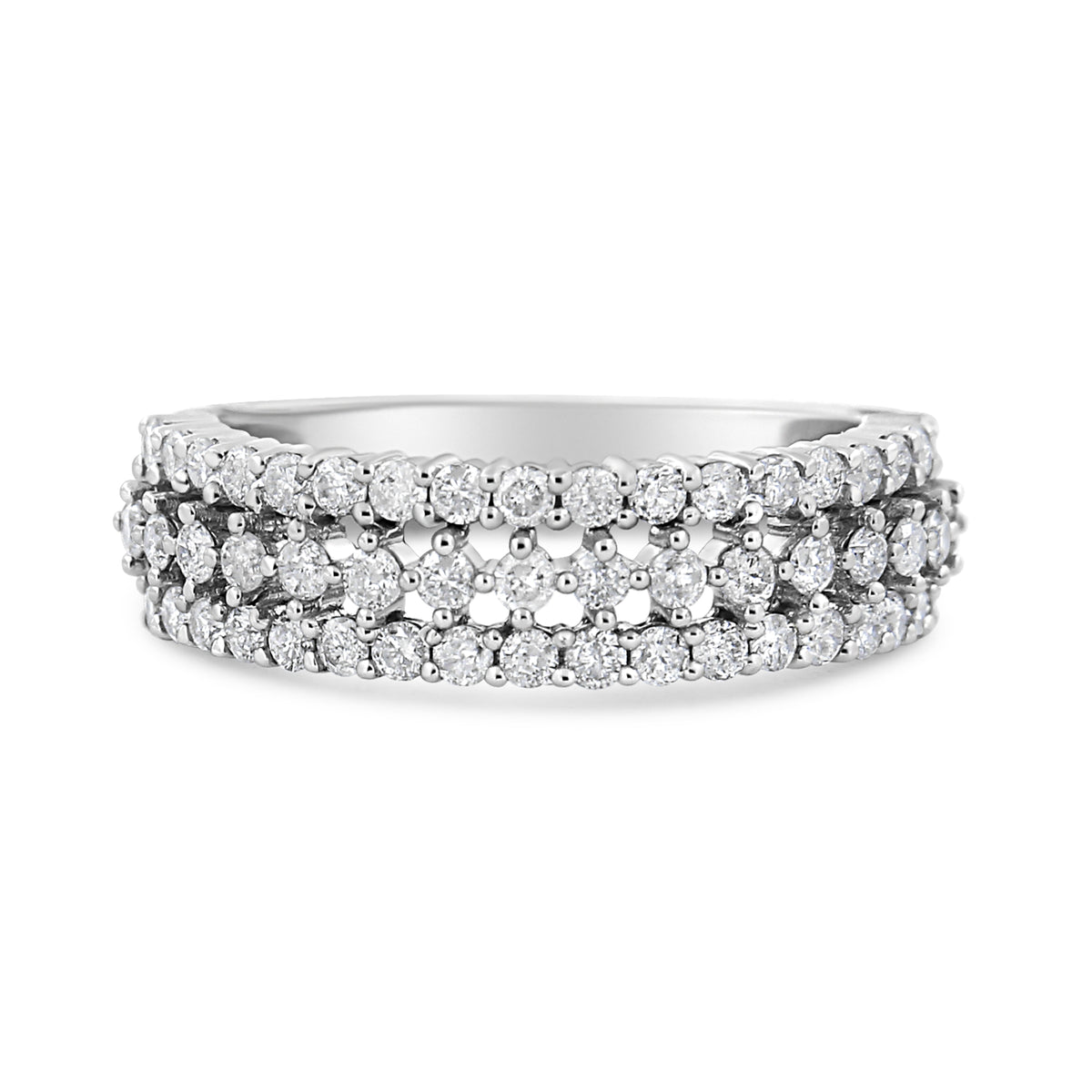 14K White Gold Round Diamond Split Shank Three Row Band Ring