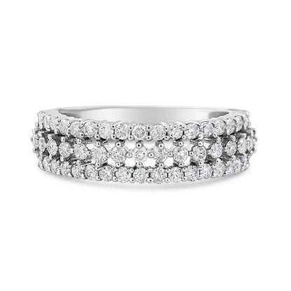 14K White Gold Round Diamond Split Shank Three Row Band Ring