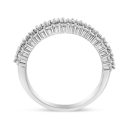 14K White Gold Round Diamond Split Shank Three Row Band Ring