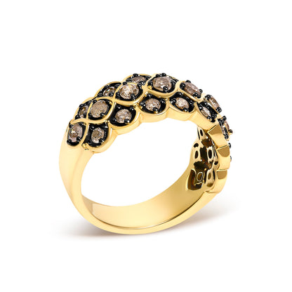 10K Yellow Gold Plated Sterling Silver 1.0 Cttw Brown Diamond Scalloped Band Ring