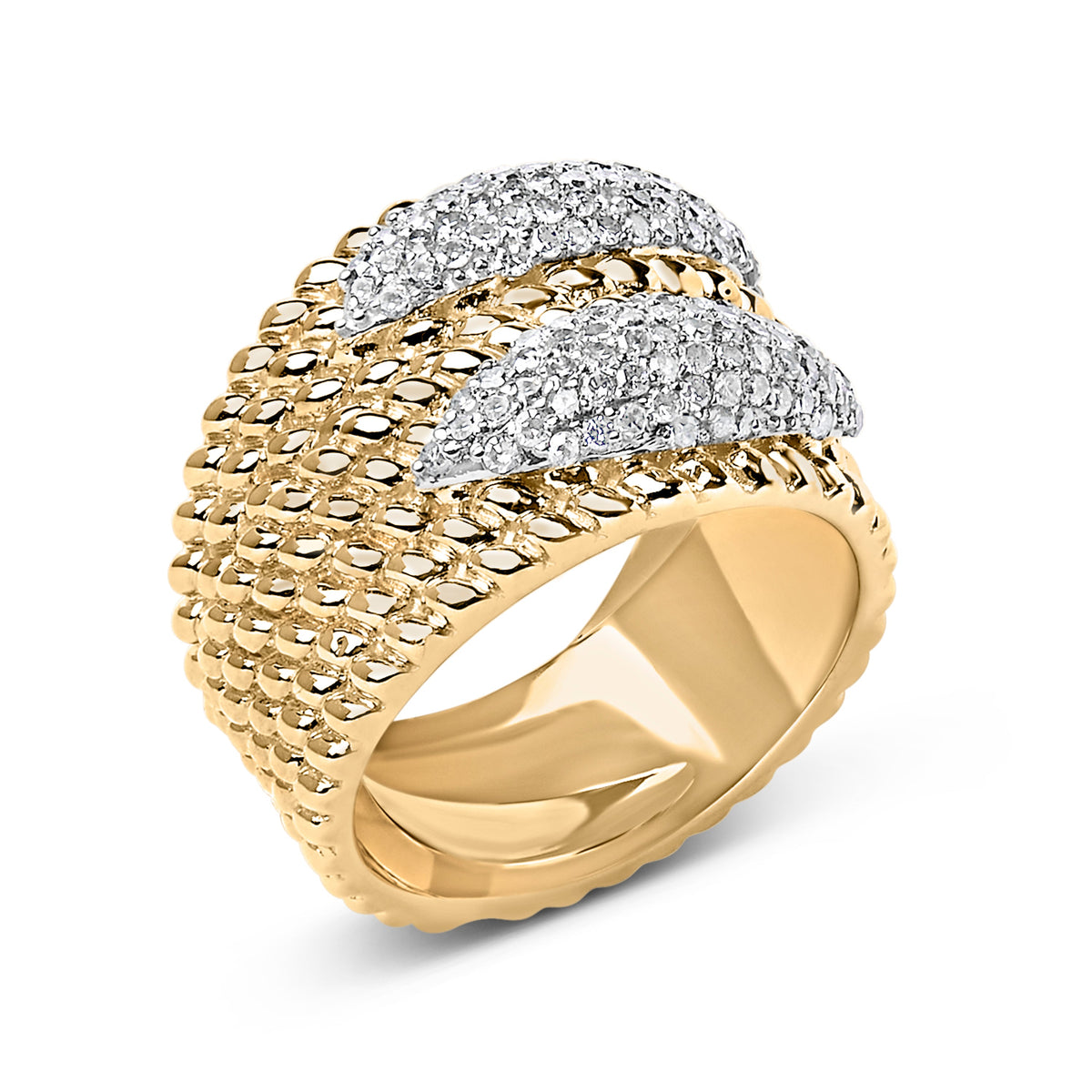 14K Yellow Gold Plated Silver 1.0 Cttw Diamond Cluster Crossover Ring Band