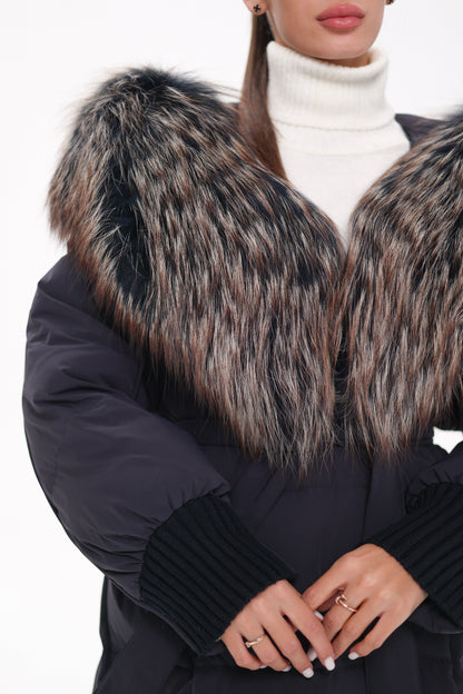 Rei Fur Trim Hooded Down Coat Navy